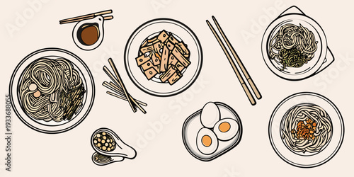 A colorful flat lay illustration showcasing various noodle and side dishes