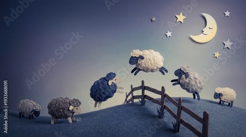 Counting Sheep Jumping Fence at Night Sleep Concept