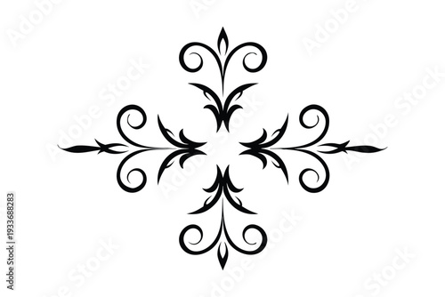 Symmetrical black ornamental flourish with swirls and curls on white background