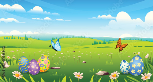 Colorful Easter eggs and butterflies in a sunny green meadow under a blue sky. Vector cartoon landscape illustration