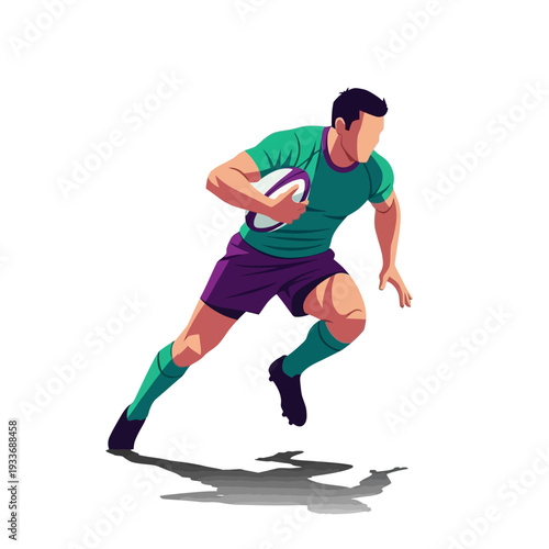 Rugby Player Running with Ball, Action Shot, Sport Illustration