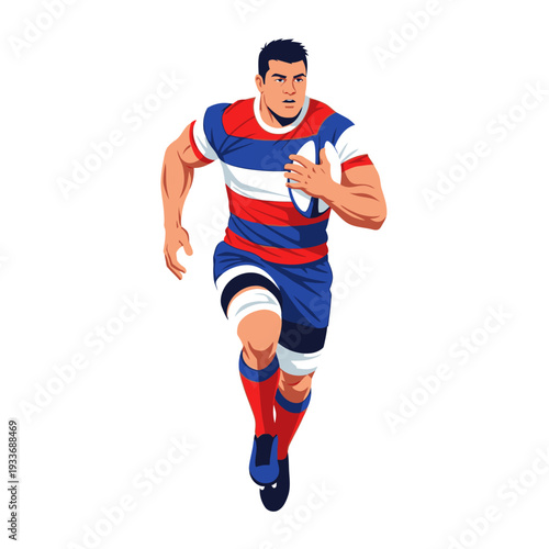Rugby Player Running with Ball, Athlete in Uniform, Sport Action, Vector Illustration