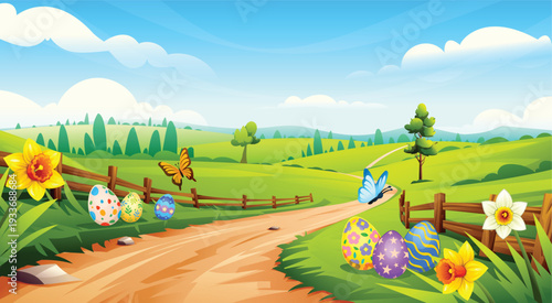 Path through rolling green hills with decorated Easter eggs and a wooden fence. Vector cartoon landscape illustration