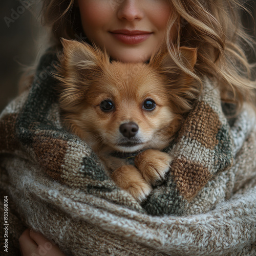 Woman holding small dog in arms.