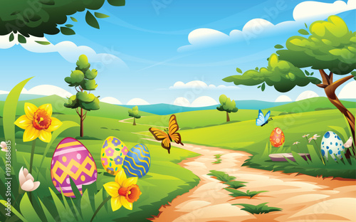 Winding stone path in a lush spring park with hidden Easter eggs and flowers. Vector cartoon landscape illustration