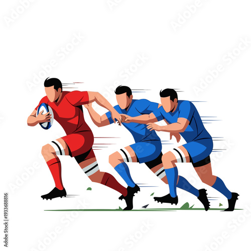 Rugby players in action, dynamic illustration of a fast-paced sports game, red vs blue teams.