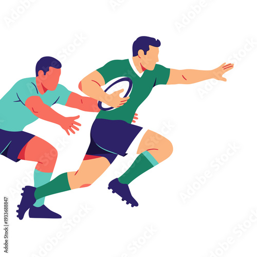 Rugby players in action, one running with ball, other tackling, vector illustration