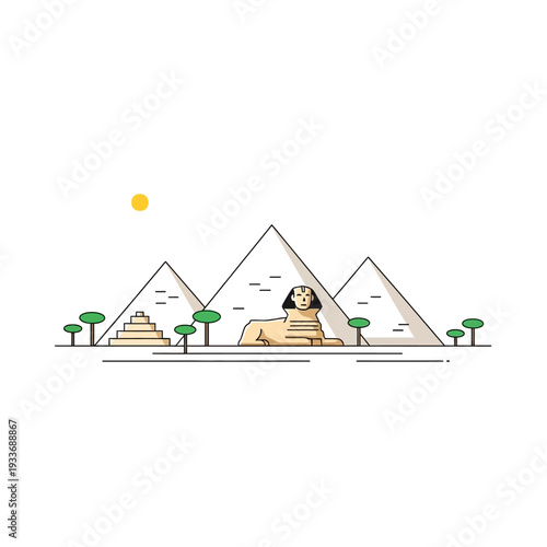 Egyptian pyramids and sphinx illustration, minimal flat design, ancient landmark, desert landscape