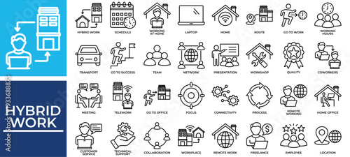 Hybrid Work icon set collection. Containing connectivity, operation, audience, collaboration, employment, planning, agreement .Line vector icons collection