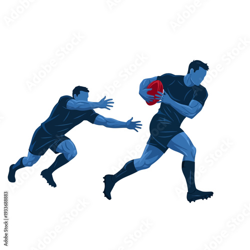 Rugby players in action, running with ball and tackling, dynamic illustration