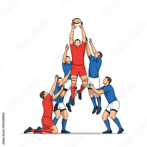 Rugby players jumping for ball in lineout, action sport, teamwork, competition