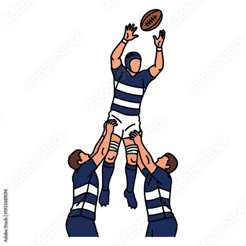 Rugby players jumping for the ball during a lineout, sports action illustration