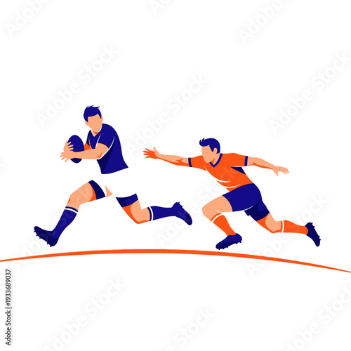 Rugby players running with ball, competitive sport, action, flat design, white background