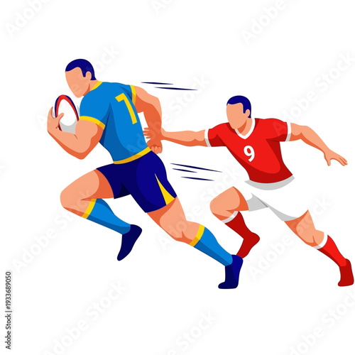 Rugby players running with ball, one tackling another, dynamic action, sport illustration