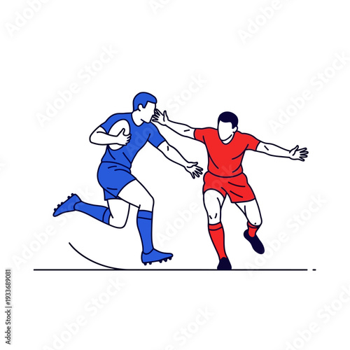 Rugby players, offensive and defensive tackle, action sport illustration, vector art