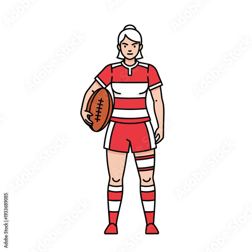 Woman Rugby Player Holding Ball, Ready for Game, Sport Illustration