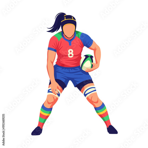 Female Rugby Player Holding Ball, Dynamic Pose, Athletic Woman, Sport Concept