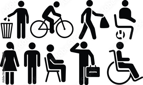 Black and white of people performing various activities and using different modes of transportation
