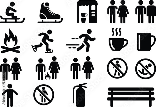 Black and white of winter activities, people, and safety symbols including sledding, skating, running, and fire safety