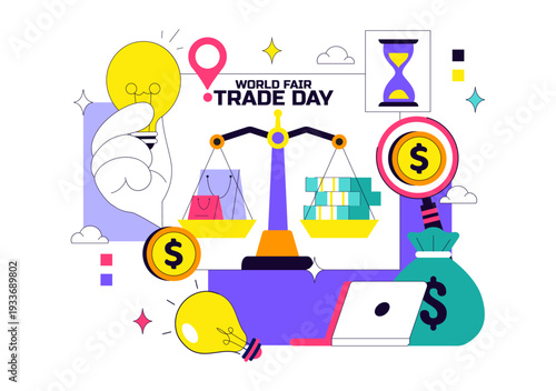 World Fair Trade Day Vector Illustration on May 11 with Gold Coins, Scales, and Hammer for Climate Justice and Planetary Economy in Flat Background