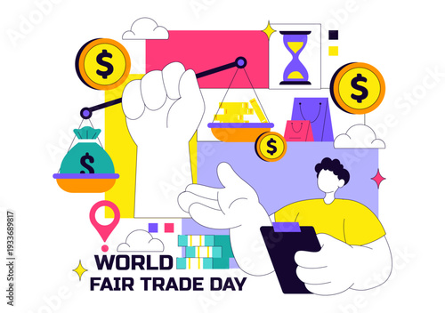 World Fair Trade Day Vector Illustration on May 11 with Gold Coins, Scales, and Hammer for Climate Justice and Planetary Economy in Flat Background