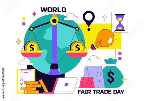 World Fair Trade Day Vector Illustration on May 11 with Gold Coins, Scales, and Hammer for Climate Justice and Planetary Economy in Flat Background