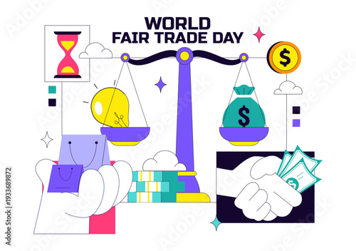 World Fair Trade Day Vector Illustration on May 11 with Gold Coins, Scales, and Hammer for Climate Justice and Planetary Economy in Flat Background