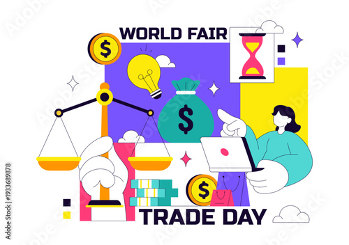 World Fair Trade Day Vector Illustration on May 11 with Gold Coins, Scales, and Hammer for Climate Justice and Planetary Economy in Flat Background