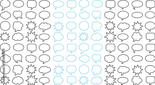 Collection of black and light blue speech bubbles and thought clouds on white background