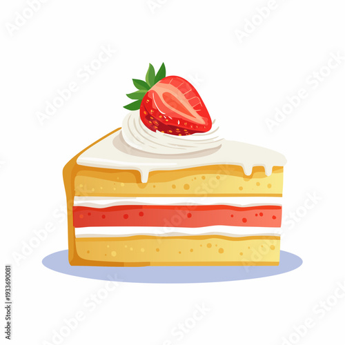 Vibrant illustration of a delectable strawberry layer cake slice, topped with creamy white frosting and a fresh red berry, embodying a sweet indulgence