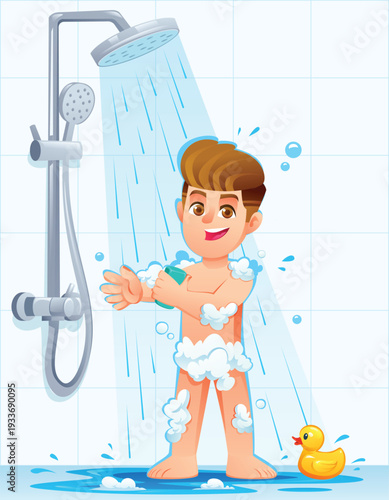 Happy boy scrubbing his arm with soap under the running shower head in bathroom. Vector cartoon character illustration