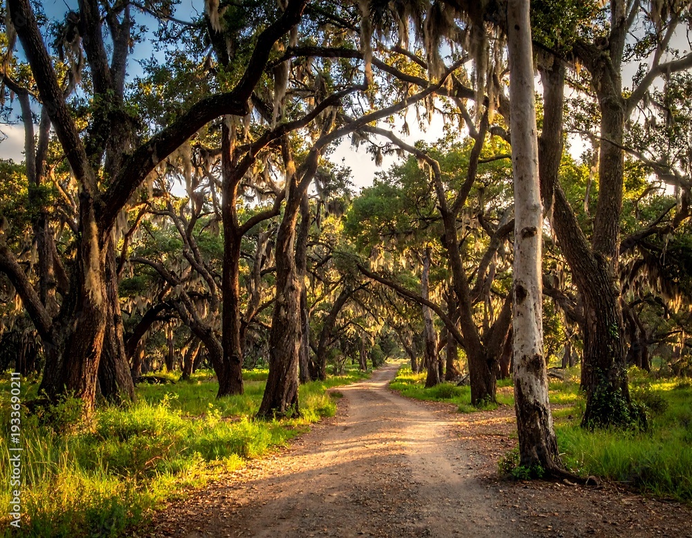 Fototapeta premium A serene dirt road lined with lush green grass and towering trees