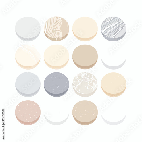 A curated collection of minimalist circular swatches, showcasing a diverse array of neutral and earthy tones, textures, and patterns for modern interior design inspiration
