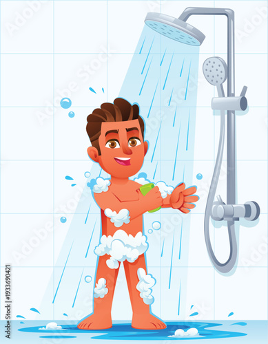 Happy boy scrubbing his arm with a soap bar under the shower. Vector cartoon character illustration