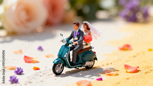 Romantic wedding concept with miniature bride and groom on a vintage scooter over sand with flower petals and soft bokeh. Honeymoon travel and celebration theme.
