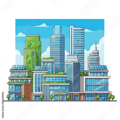 Sustainable urban landscape with green skyscrapers and modern buildings