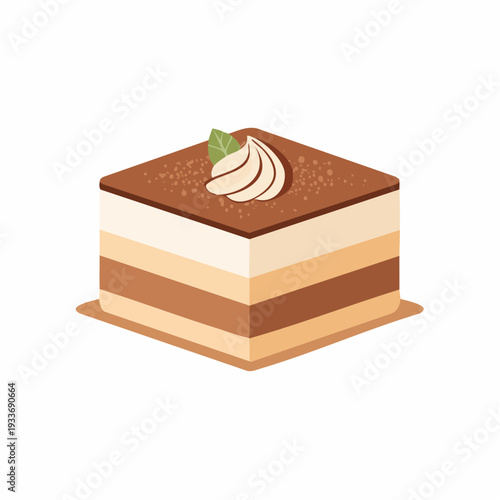 Delicious square layered dessert with a swirl of cream and mint leaf on top, artfully presented on a light brown base, a sweet treat illustration