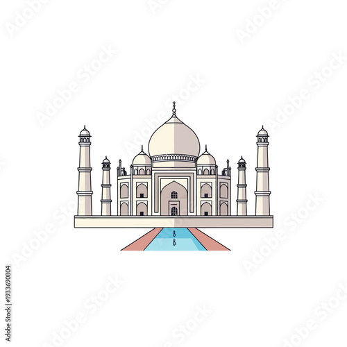 Taj Mahal illustration - Iconic Indian monument, white marble mausoleum, symmetrical facade, reflecting pool