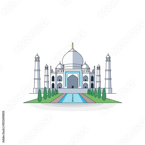 Taj Mahal illustration, India landmark, flat design, iconic monument, white marble mausoleum