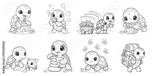 Cute Cartoon Turtle Coloring Pages Set with Fun Summer Activities
