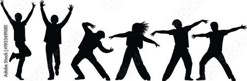 Black silhouettes of diverse people, children, professional businessmen, artists painting, and musicians playing instruments, isolated on white background, vector set