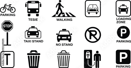 Collection of black and white transportation and parking signs with various symbols and text