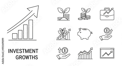 Investment growth icons and charts representing financial success.