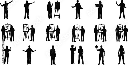 Black silhouettes of artists painting on easel, art class students, teachers, and creative people working isolated on white background, vector