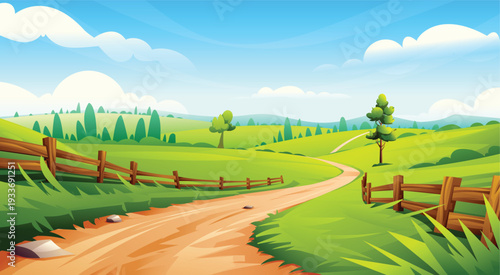 Scenic rural road passing through green fields with a wooden fence and leafy trees. Vector cartoon landscape illustration