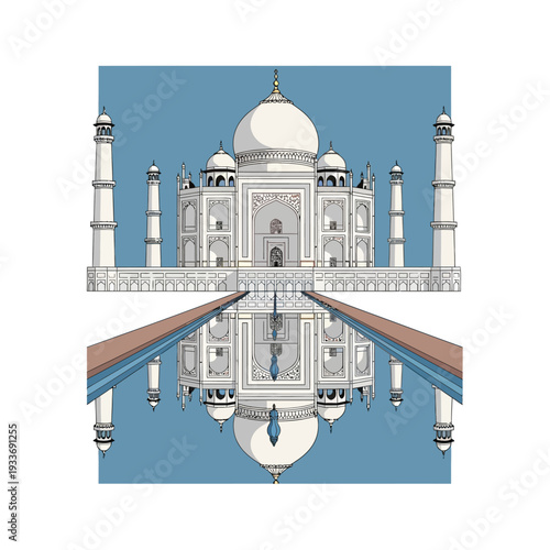 Taj Mahal Reflection Illustration, Agra, India, White Marble Mausoleum, Iconic Landmark