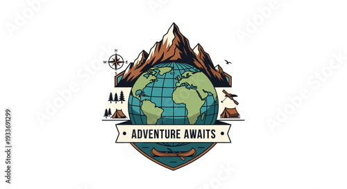 Adventure Awaits Emblem with Globe and Mountains.
