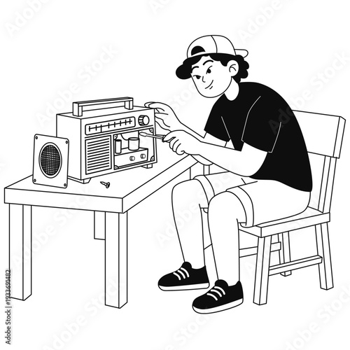 Sustainable Earth Illustration. Vector illustration of person repairing a vintage radio, representing reuse, repair culture and waste reduction. Isolated on background
