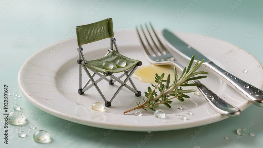 Fototapeta premium Unexpected Gourmet Concept with Miniature Picnic Chair on Fine Dining Ceramic Plate, Pastel Aesthetic Creative Photography, Silver Cutlery and Fresh Herbs on Mint Background, Macro Detail