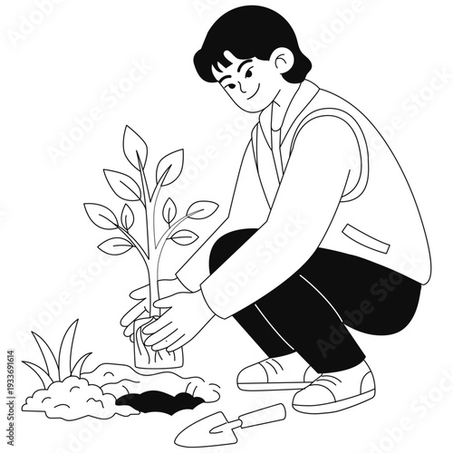 Sustainable Earth Illustration. Vector illustration of person planting a young tree in soil, symbolizing environmental care and reforestation. Isolated on background